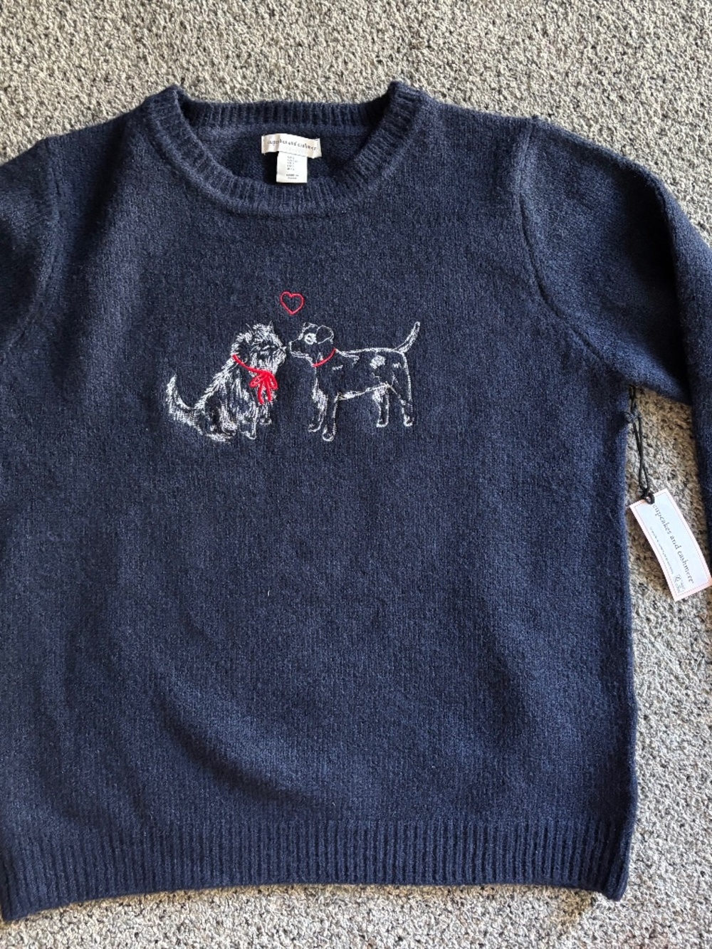Cupcakes and cashmere navy sweater with dogs